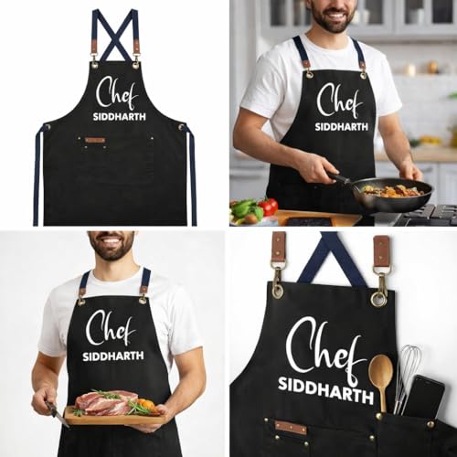 Image of AICA Personalized Name Apron for Kitchen Men & Women| Stylish Leather Adjustable Neck Strap| Front Pockets | Customised Name Waterproof Apron for Kitchen Cooking Resturants Cafes
