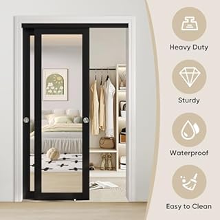 JUBEST 48" x 80" Mirror Closet Door, Preassembled One Side Mirror Door with Hardware Kit & Matching Fascia, Solid Wood Frame with Water-Proof PVC Surface, Easy to Install, Black