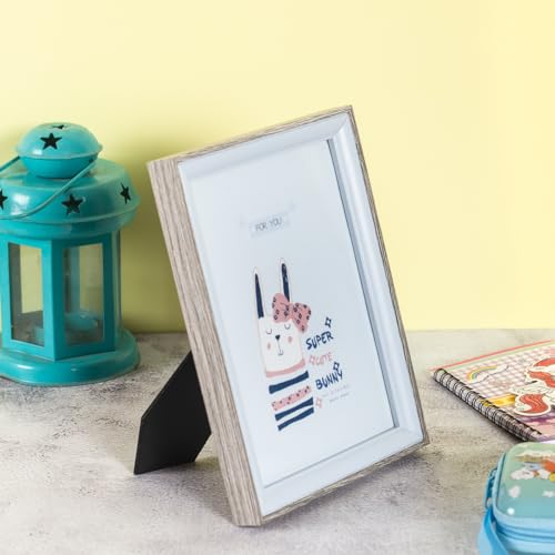 Image of Decorative Wooden Photo Frame 4x6, Blue & Natural Frame for Kids Room, Cute Bunny Illustration Picture Frame, 20cm x 15cm, Tabletop & Wall Display