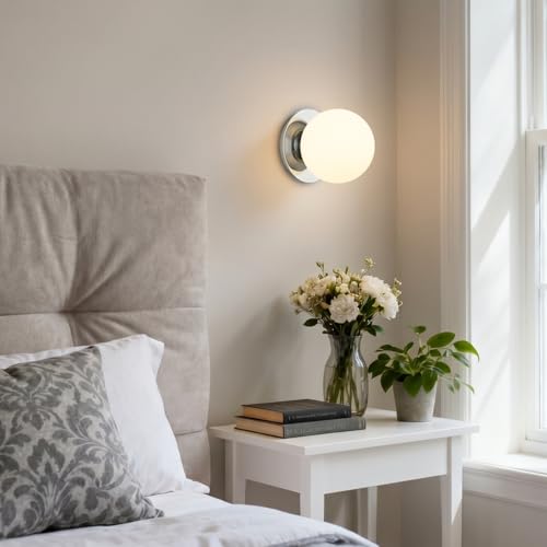 Image of 2 Pack Modern Chrome Wall Light Fixtures, Mid-Century Globe Glass Wall Sconces Set of Two for Bathroom Mirror, Living Room, Hallway, Entryway (Bulbs Not Included)
