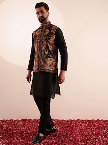 Image of SOJANYA Men's Silk Blend Black Kurta and Pyjama With Paisley Design Velvet Nehru Jacket