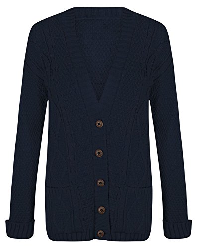 Purple Hanger New Women’s Ladies Long Sleeve Button, Front Pocket Chunky Aran Cable Knit Grandad Cardigan, Sweater Plus Size 8-26 (UK, Numeric, 16, 18, Regular, Regular, Navy)