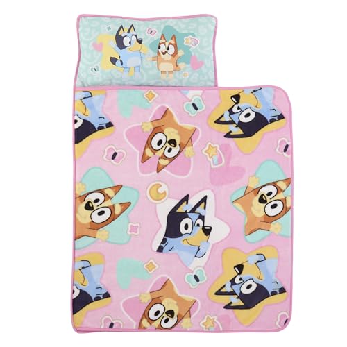 NoJo Bluey Best Day Ever Toddler Nap Mat Includes Super Soft Attached Pillow and Blanket Pink & Aqua
