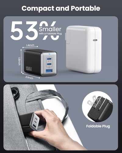 Image of 150W USB C Charger Block,GaN III Compact Foldable Wall Charger 3 Port Fast Charging Station,PD QC PPS Portable USB C Hub 100W Laptop Adapter for MacBook Pro /Air,iPad,iPhone 17 /Pro,Galaxy S24,Dell etc