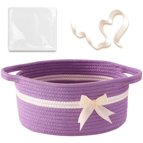 Image of Gift Baskets Empty, Small Woven Rope Storage Basket with Bow and Ribbons and Gift Wrap, Bowknot Decorative Gifts Basket with Handles, DIY Storage Organizer Basket for Wedding Graduation, Purple