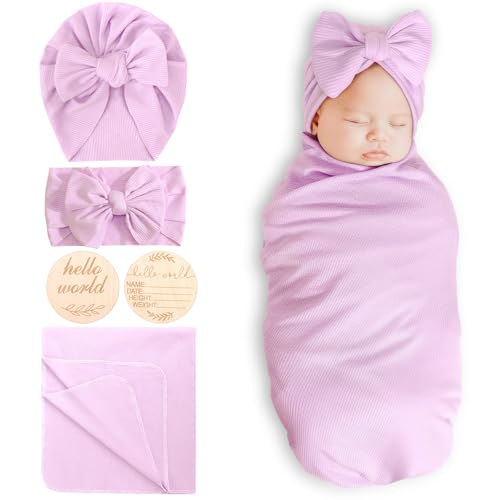 Image of DRESHOW BQUBO Baby Girl Newborn Receiving Blankets with Bow Hat Headband Wooden Birth Announcement Card Set Newborn Baby Swaddle Wrap Set Warm Shower Gift