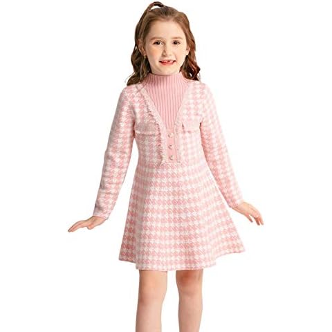 SMILING PINKER Girls' Mock Neck Houndstooth Stand-Up Collar Party Knitted Dress, pink, 8-9 Years Cover