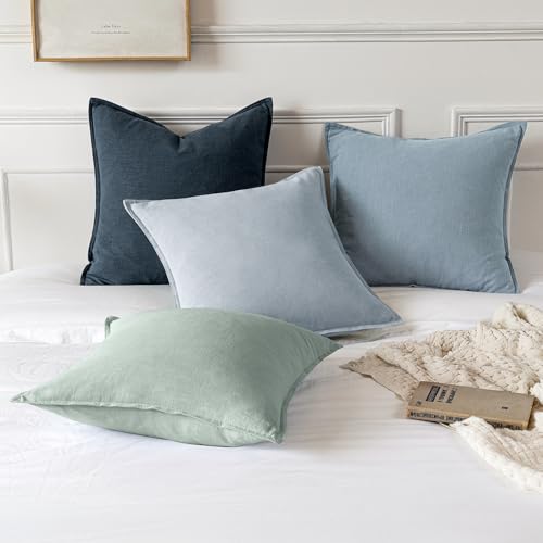 Image of MIULEE Decorative Linen Pillow Covers 18x18 Inch Aqua Green Boho Farmhouse Neutral Spring Couch Throw Pillows for Bed Pack of 2 Accent Modern Pillowcase Summer Sofa Livingroom Home Decor