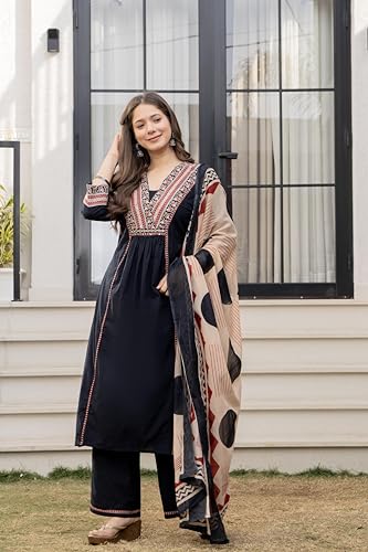 Image of MEERA FAB Women Floral Printed Pure Cotton Straignt V-Neck Kurta with Trousers & Dupatta
