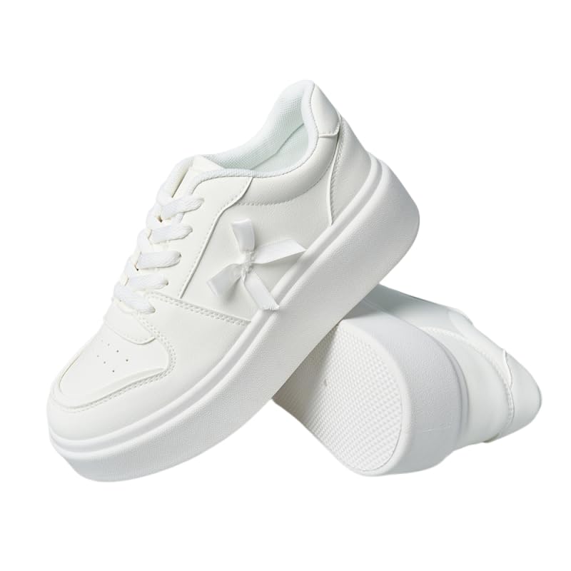 White Bow Thick Soled Lace Up Sneakers, Women's Casual and Fashionable Sports Shoes, Versatile and Non Collision Style