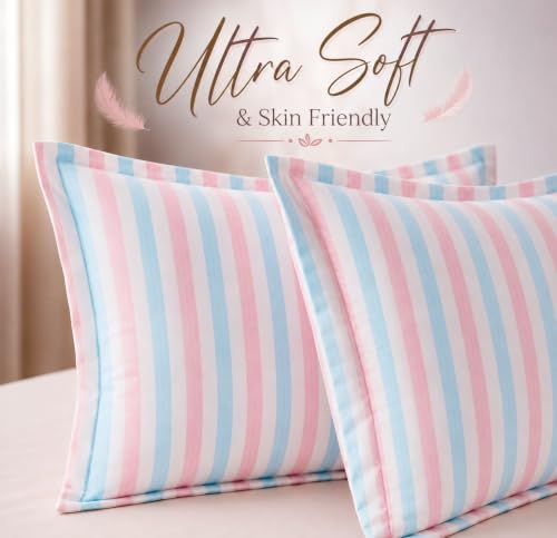 Image of VAS COLLECTIONS Premium 210 TC Cotton Satin Stripe Pillow Cover Set of 2 (18x28 Inches) | Hotel Quality Soft Breathable Pillow Cases | Pillow Covers for Home Hotel Hospital Use, Pink & Blue