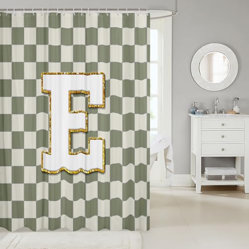 Image of Erosebridal Sage Green Checkered Bathroom Curtain Plaid Initial E Shower Curtain 72 inch Wx78 L Personalized Monogram Bathroom Accessories for Kids Adults,Fashion Grids Gingham Shower Decor