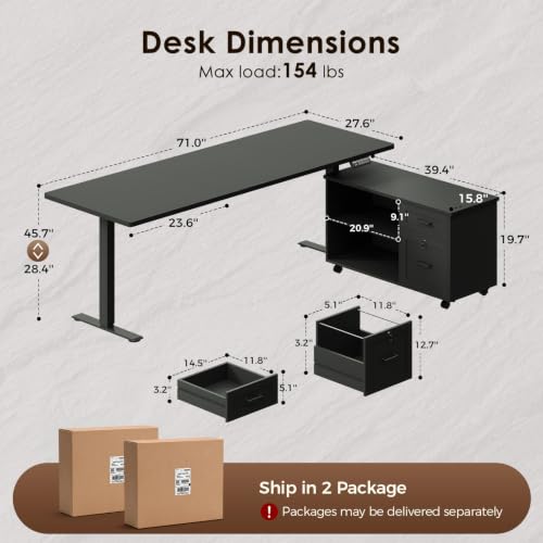 Image of OffiGo 71 Inch L Shaped Electric Standing Desk with Cabinet Sets, Black | Mobile Drawers & File Cabinet Sets for Flexible Layout, Height Adjustable Executive Stand Up Desk for Home Office Workstation