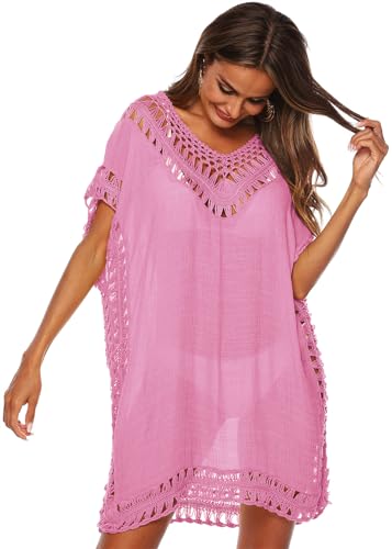 KANDEMY Damen Sommer Bikini Cover Up V-Ausschnitt Strand Poncho Strandkleid mit Cutout Crochet Sommer Kleider für Urlaub Rosa L