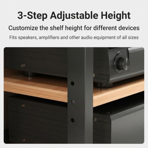 Rack de audio para sala con estantes de madera regulables y estructura de metal 8