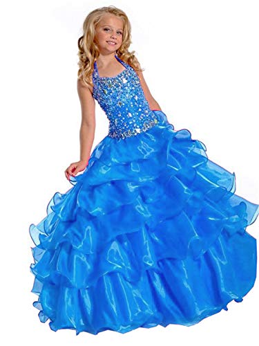 Junguan Girl's Halter Beaded Rhinestones Pageant Dress Classic Birthday Wedding Party Long Gown 02 Blue