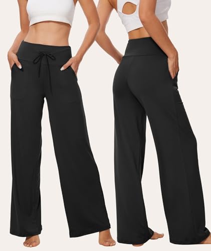 Image of TNNZEET 3 Pack Women's Wide Leg Pants with Pockets - Casual Loose Yoga Trouser Pants Sweatpants Palazzo Lounge Pajama Pants