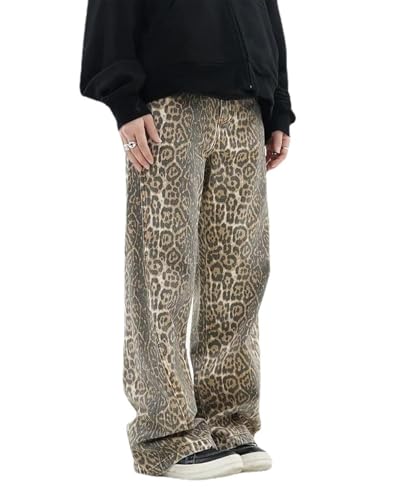 YELLOOP Leopard Print Jeans Y2k Jeans Leopard Jeans Grunge Y2k Pants Womens Baggy Jeans 2000s Leopard Pants