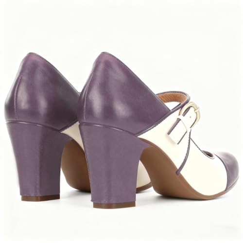 Image of SHODENSE Women Vintage Chunky High Heel Mary Jane Shoes Round Closed Toe Ankle Strap Dress Sandals 3 inch Block Heels Mary Jane Lolita Pumps Two-Toned Patchwork Buckle Office Lady Wedding Retro 4-11 M US