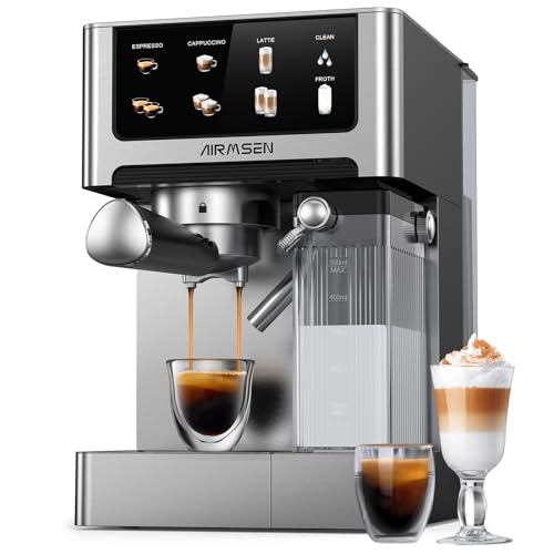 AIRMSEN 20 Bar Espresso Coffee Machine - Professional Cappuccino Latte Maker with Auto Foam System Dual Quick Heat Boilers Stainless Steel Body 60oz Removable Water Tank & Touchscreen Control