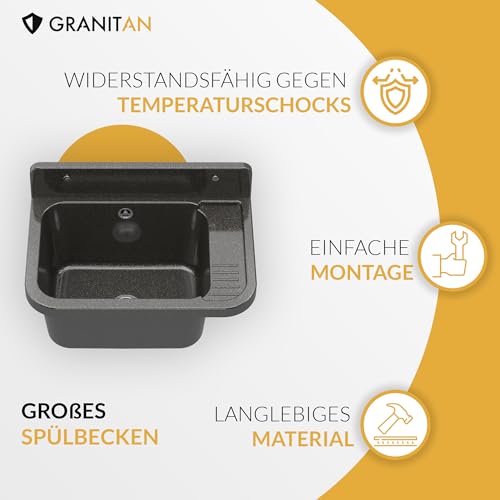 Granitan Ausgussbecken für Garage Keller Werkstatt und Waschküche - Universal Waschtrog mit Siphon - Waschbecken Wandmontage - 50x34x31 cm (Schwarz + Waschtischarmatur FLEX)