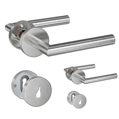HENYIN Lot de 2 poignées de porte à levier en acier inoxydable avec écusson de trou de serrure, poignée de serrure de porte à mortaise, couleur argent (SO2-103K-2)