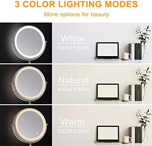 Amelar 8 Inch Wall Mounted Makeup Mirror USB Rechargeable LED 3 Color Lights Two Sided 1X/10X Magnifying Mirror Touch Switch Intelligent Shutdown 360° Swivel Vanity Mirror for Bathroom Hotel(Nickel)