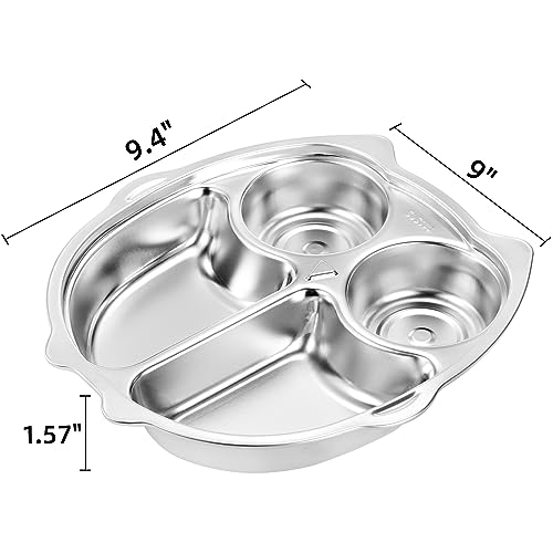Noamus 3 Pack Stainless Steel Divided Plates, 9 Inch 304 Dinner Platter, Diet Portion Control Tray, 4 Sections Owl Shape Meal Plate for Adult Children Picky Eaters, Camping Dish Lunch Snack