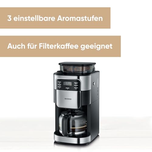 SEVERIN Kaffeemaschine mit Mahlwerk, Kaffeeautomat mit Glaskanne und Timer-Funktion, auch als Filterkaffeemaschine, Glas-Kaffeekanne für 8 Tassen, 1000 Watt, Edelstahl-gebürstet / Schwarz, KA 4810 – Bild 3