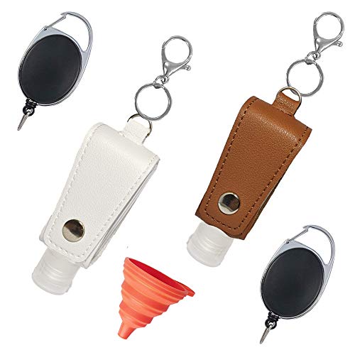 Quality Sense Travel Liquid Holder with multiple key chains, Scratch resistant leather, Leak proof 30 ml refillable bottles for lotion, sanitizer, toiletries with fold-able funnels (White & Brown)