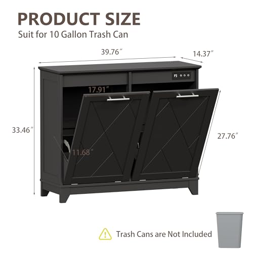 Image of Double Tilt Out Trash Can Cabinet with Charging Station, Negative Ion Odor Control, Hidden Dual 10-Gallon Recycling Cabinet, Dog Proof Garbage Can for Kitchen, Laundry, Dining Room,Black