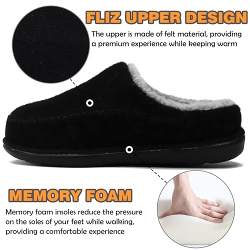 KuaiLu Womens Clog Slippers with Comfy Arch Support Orthotic Plantar Fasciitis Memory Foam Ladies Slippers for Women Winter Warm Fluff Slip on Felt Houes Shoes Hard Rubber Sole Black size 8.53