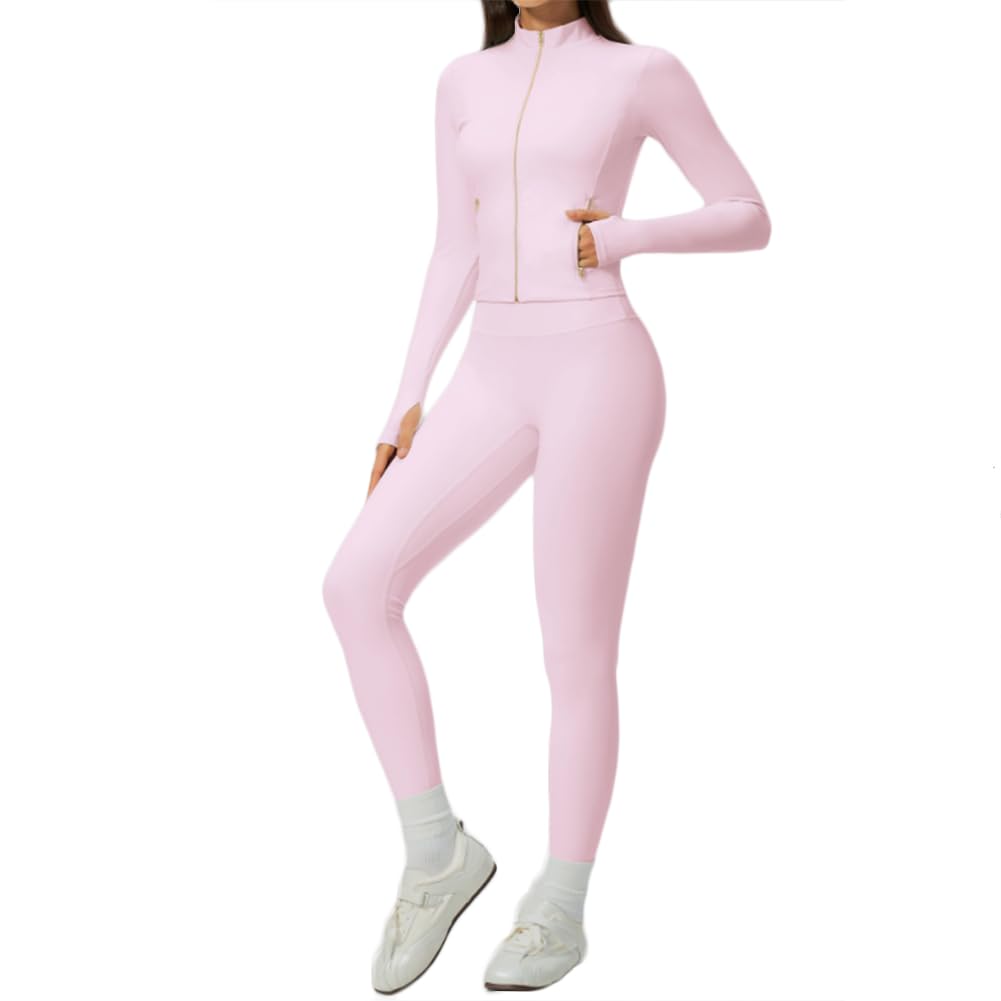 Giacca allenamento con fori per pollici e leggings a vita alta | 1.Giacca con zip e collo alto con fori per pollici contro il vento. I leggings a vita alta modellano addome