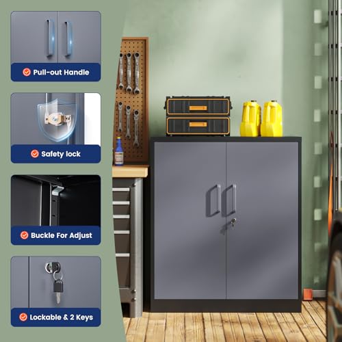 Image of Yizosh Metal Garage Storage Cabinet with 2 Doors and 2 Adjustable Shelves - 35.5 inch Steel Lockable File Cabinet for Home Office,Garage,Gym,School(Gray Black)