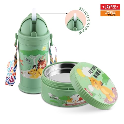 Image of JAYPEE First Step Inner Stainless Steel Insulated Lunch Box Meal and Sip Combo for School Kids Water Bottle Sipper & Disney Princess School Kids Tiffin Box 375 & 270 ml Water Bottle, Green