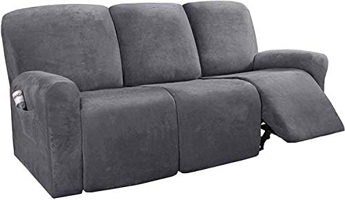 LINGKY 8-Pieces Recliner Sofa Covers Velvet Stretch Reclining Couch Covers for 3 Cushion Sofa Slipcovers Thick Soft Washable Furniture Covers with Elastic Bottom (Taupe)
