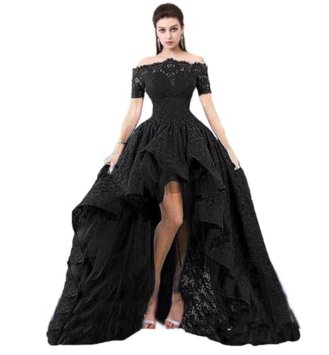 ZVOCY Lace Prom Dress Black Short Sleeve Hi Lo Evening Dress Off The Shoulder Formal Gown