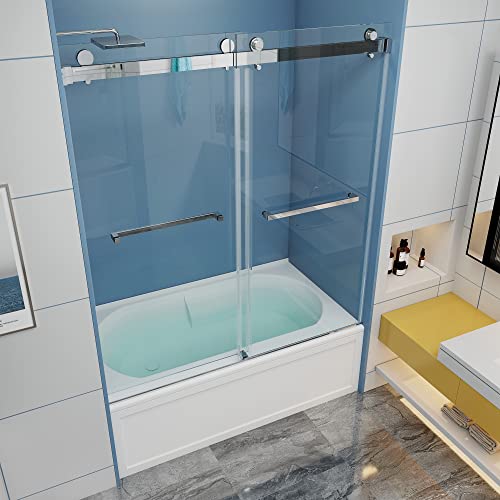 Mcocod Adjustable 56-60" W X 66" H Frameless Double Sliding Shower Door With 3/8" (10Mm) Clear Sgcc Tempered Glass And Stainless Steel Hardware Bathtub Door #TOP2