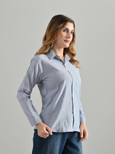 Image of Women's Blue Cotton Striped Shirt - Regular Fit, Full Sleeve, Collared Formal Shirt for Office, Casual