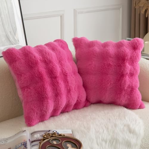 Image of MANDIOO Pack of 2 Thick Plush Wool Decorative Throw Pillow Covers Super Soft Wave Bubble Fur Velvet Cushion Covers Pillow Shams for Couch Bed Living Room 26x26 Inch Hot Pink