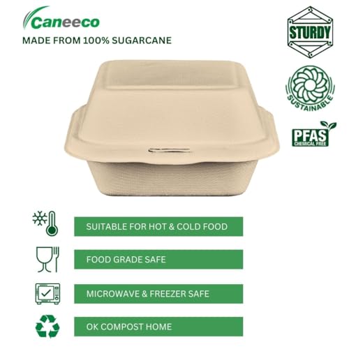 Caneeco 50-Pack Bagasse Sugarcane Burger Takeaway Boxes – 6"x6" Clamshell Containers, PFAS Free, TUV Home Compostable Certified Food Boxes for Hot & Cold Meals, Restaurants, Parties & Catering