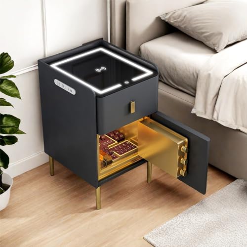 Table de chevet intelligente LED orange avec chargeur sans fil et coffre-fort intégré
