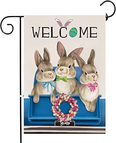 LORDWEY Easter Garden Flags, Welcome Bunny Easter Spring Double Sided Flags, Seasonal Vertical 12x18 Inch Rabbit Burlap Flag, House Yard Outdoor Decor (Bunny C), Blue