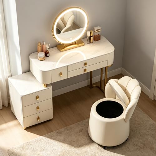 Lsoiup Tocador con Espejo Iluminado for Dormitorio, Mesa de Maquillaje de Madera con taburetes de Almacenamiento, Escritorio de tocador con gabinete Lateral, cajón de Almacenamiento for Patas(L:80cm)