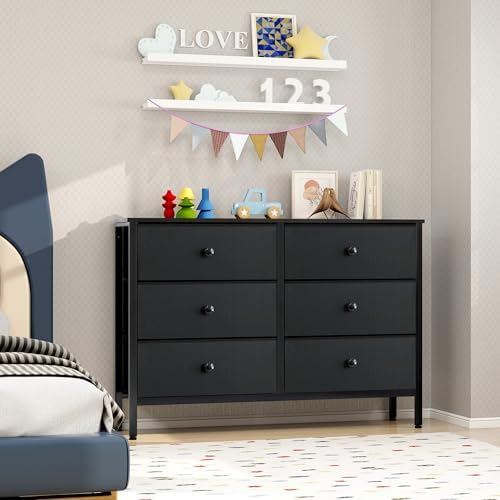 Amazon.com: LYNCOHOME Black Dresser for Bedroom, 6 Drawer Wooden Dresse ...