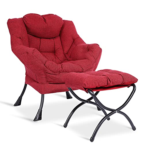 MEETWARM Modern Cotton Fabric Lazy Chair with Ottoman, Accent Contemporary Lounge Chair, Upholstered Single Leisure Sofa with a Side Pocket, Armrests and Thick Padded Back for Living Room(Red)