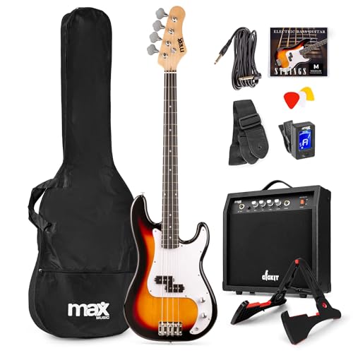 Max Gigkit Basse Electrique, Kit Complet Ampli 40 Watts, Housse, Stand, Cordes de Rechange, Accordeur, Sangle, Câble Jack et Médiators, Idéal pour Musicien Débutant...