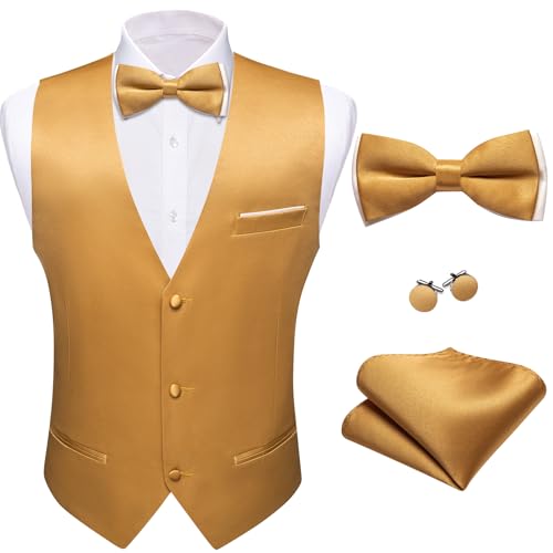 Image of Barry.Wang Mens Suit Vest Bow Tie Set 4PCS Formal V-neck Slim Fit Casual Solid Color Waistcoat Wedding Party Tuxedo