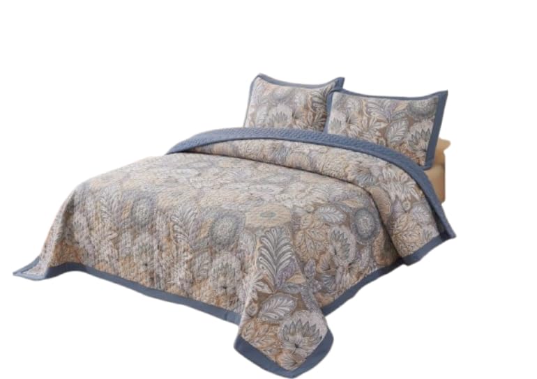 Floral Quilted Bedspread Set, Blue and Beige, Botanical Print, with 2 Pillow Shams (1)-picture-22