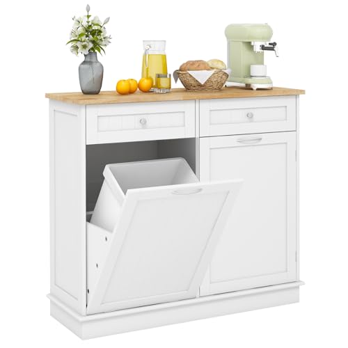 COSTWAY Buffet Cuisine 2 Tiroirs, Placard 42L, Étagère Réglable, Meuble Cuisine avec Plan de Travail en Caoutchouc, Meuble Poubelle Rangement 2 en 1, Armoire, 100 x 35 x 91 cm(Blanc)